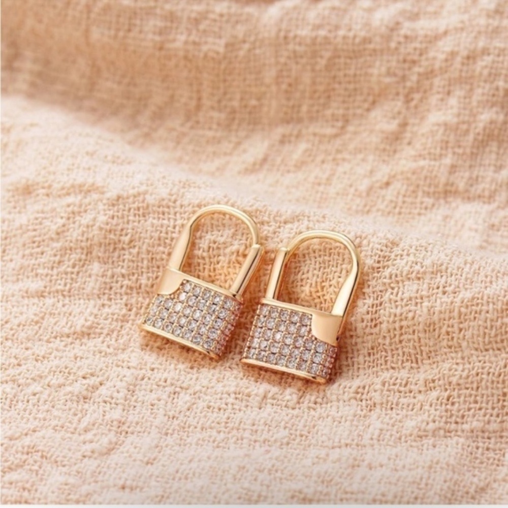 Gold 14k Gold Plated Cubic Zirconia Lock Pendant Earrings